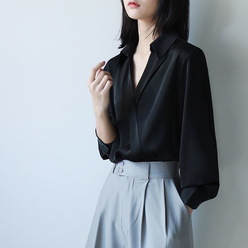 Street Fashion In Korea - Gidyq 여성용 블랙 쉬폰 셔츠, 한국