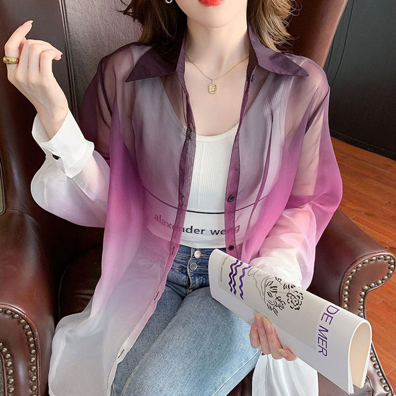 Street Fashion In Korea - 패션 그라디언트 색상 쉬폰 셔츠 여성