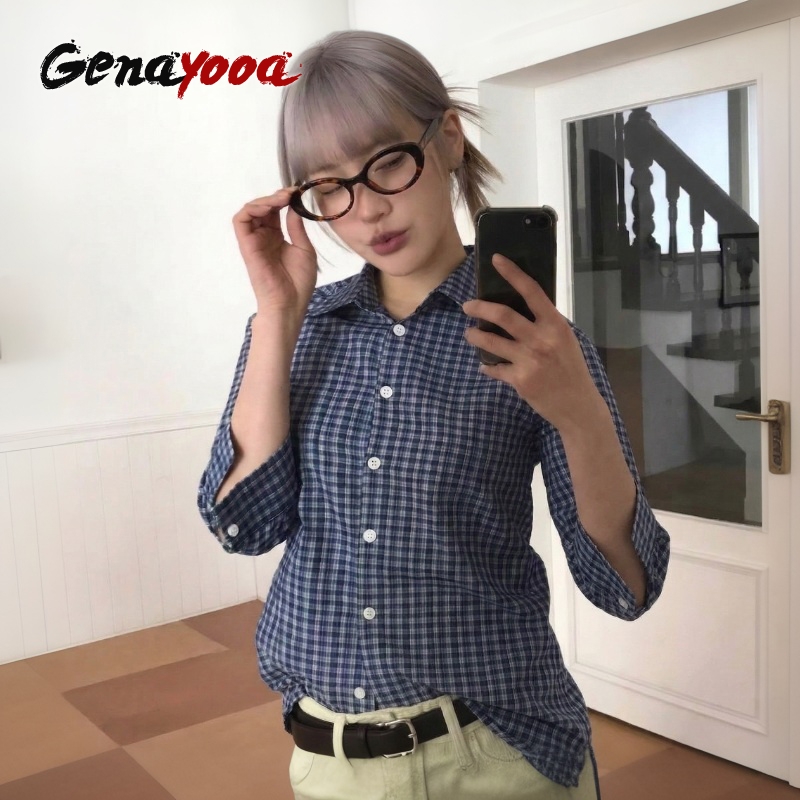 Street Fashion In Korea - Genayooa Y2k 격자 무늬 셔츠 여성