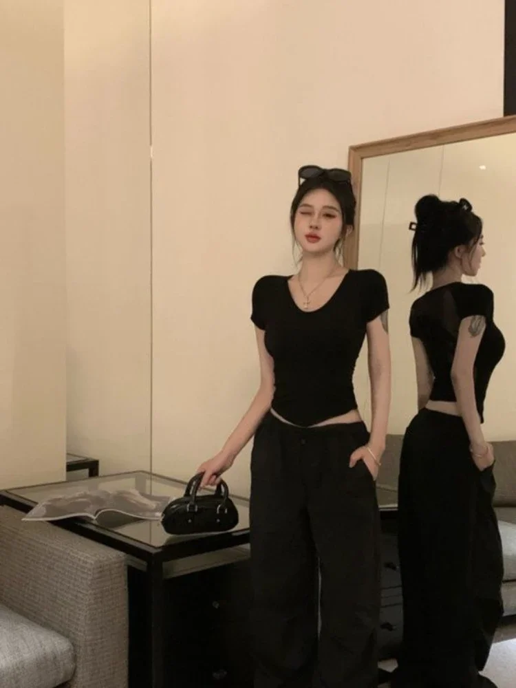 백-레인지 탑 여성 블랙 크롭 메쉬 한국 스트리트웨어  - Street Fashion Reviews 리뷰 및 가격