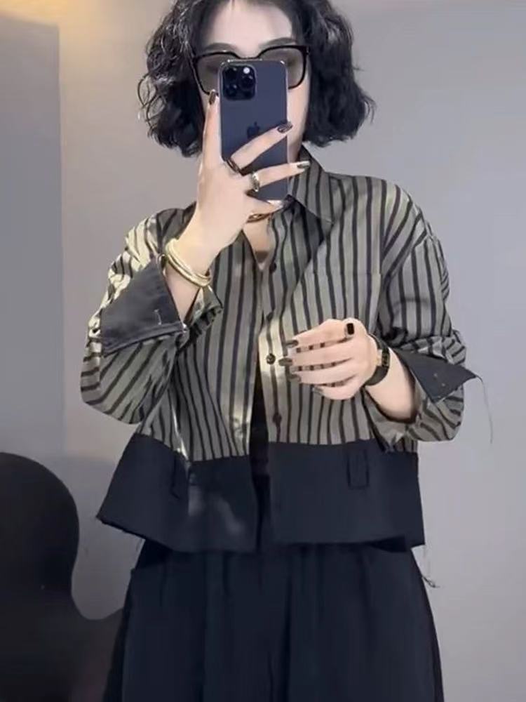 레트로 디자인 짧은 재킷 셔츠 블랙 스트라이프 폴로 칼 - Street Fashion In Korea 리뷰 및 가격