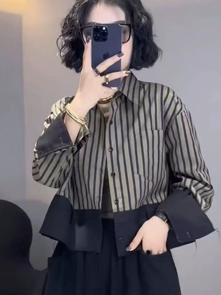 레트로 디자인 짧은 재킷 셔츠 블랙 스트라이프 폴로 칼 - Street Fashion In Korea 리뷰 및 가격