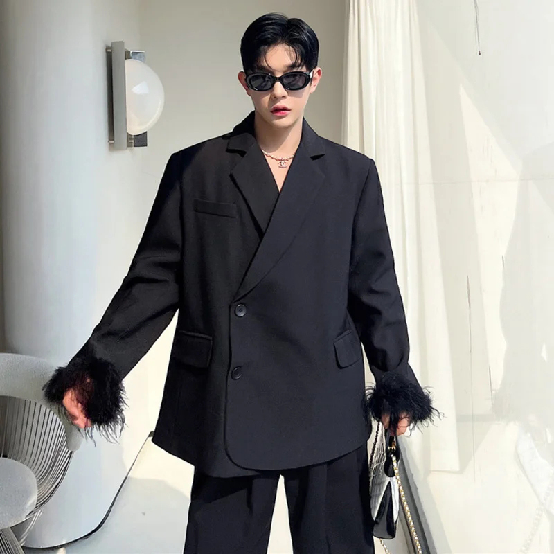루젠 남성 패션 코트 깃털 블레이저 스플라이싱 소매 디 - Street Fashion Reviews 리뷰 및 가격