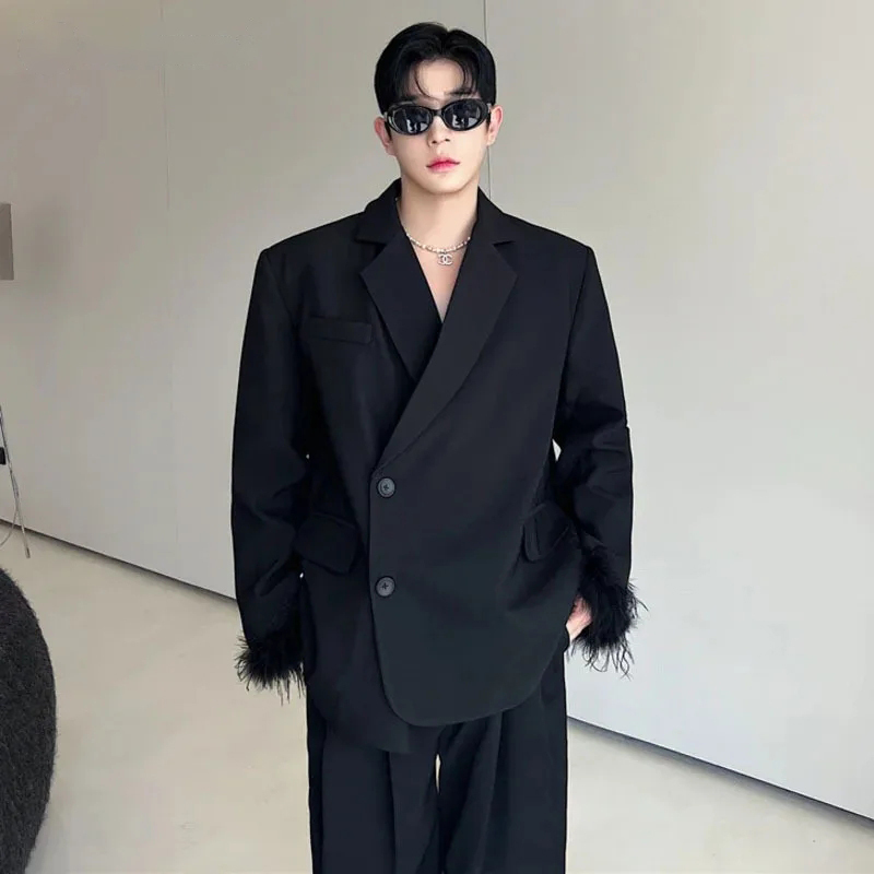 루젠 남성 패션 코트 깃털 블레이저 스플라이싱 소매 디 - Street Fashion Reviews 리뷰 및 가격