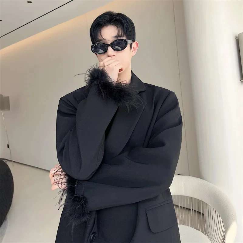 루젠 남성 패션 코트 깃털 블레이저 스플라이싱 소매 디 - Street Fashion Reviews 리뷰 및 가격