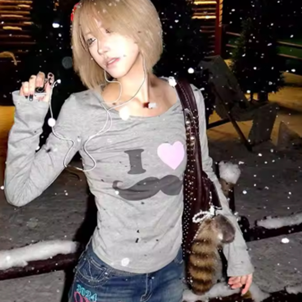 일본 Y2K 수염 프린트 티셔츠 빈티지 하라주쿠 긴팔  - Street Fashion In Korea 리뷰 및 가격